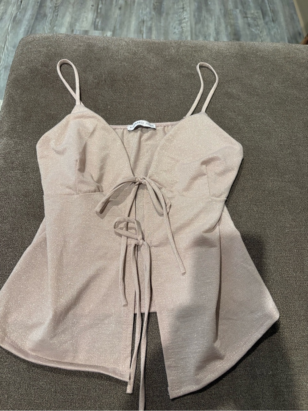 Sincerely Jules Shimmery Blush Pink Spaghetti Strap Tie-Front Cami